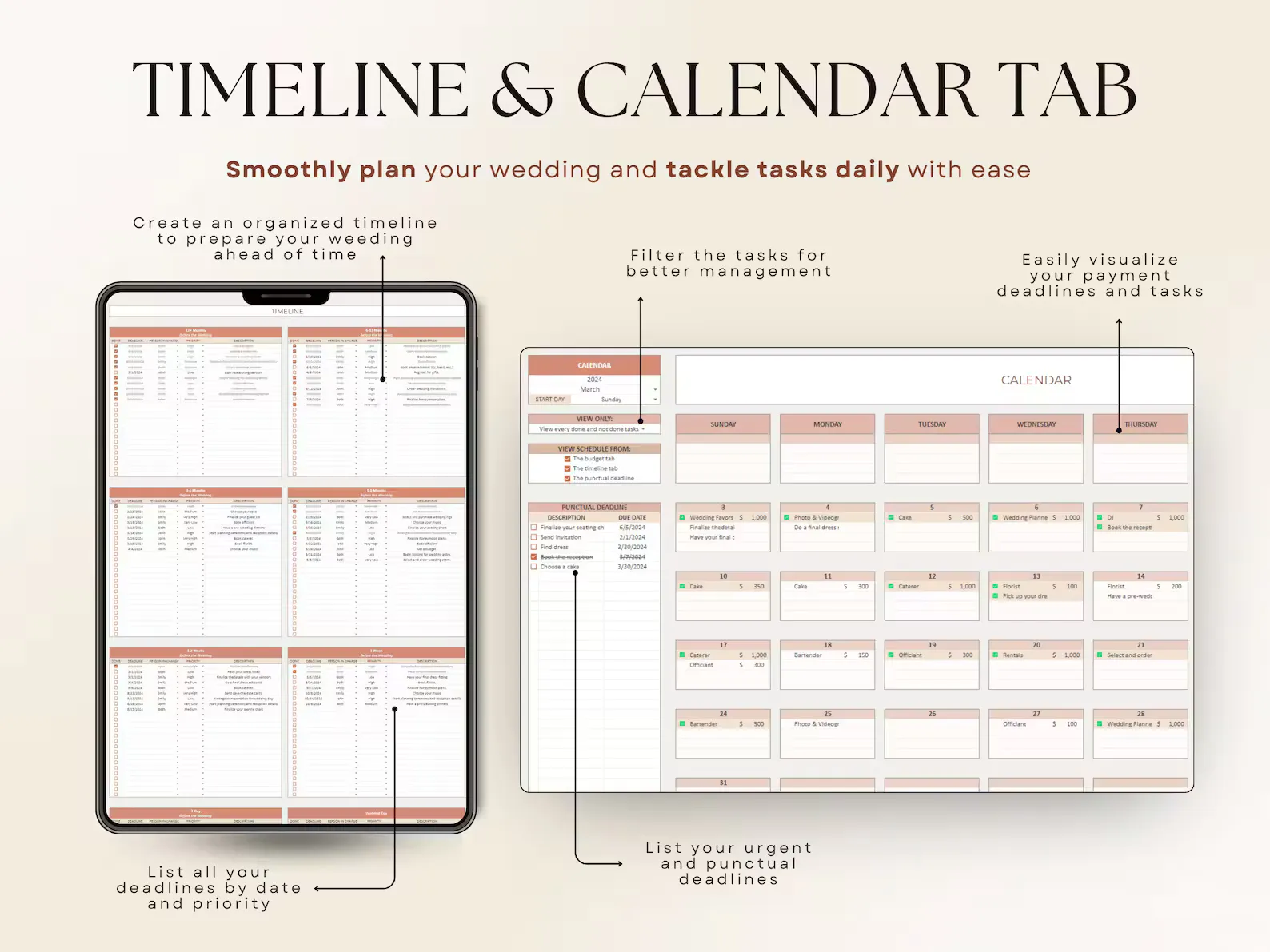 Wedding planner spreadsheet preview showcasing professional organization and comprehensive planning features